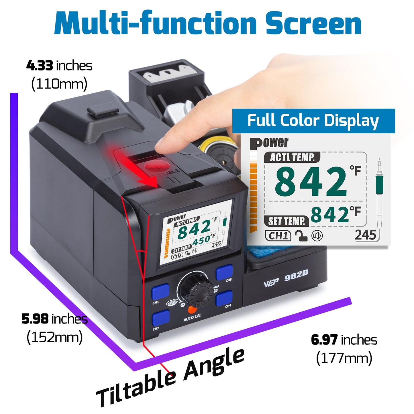WEP 982D Precision Soldering Station with Automatic Calibration, Tiltable Screen, C245 C210 Compatible Soldering Iron Kit with 2 Spools Lead Free Solder Wire, 6 Soldering Cartridges