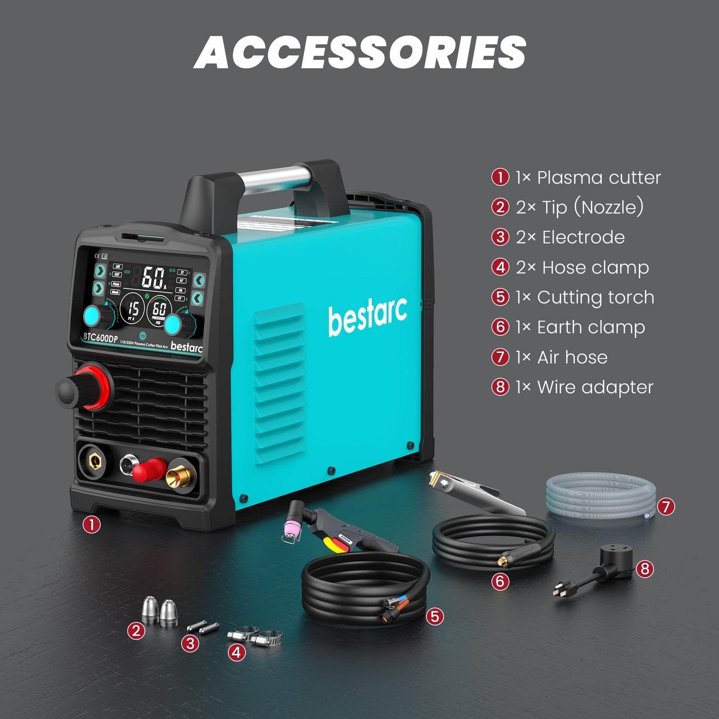 Bestarc Plasma Cutter, [Pilot Arc][Large LED Display][Air Sensor] 60A Plasma Cutter Machine 110/220V Dual Voltage, 1/2 Inch Clean Cut 4/5 Inch Max Cut, Post Flow Mesh, 2T/4T for Beginners DIY