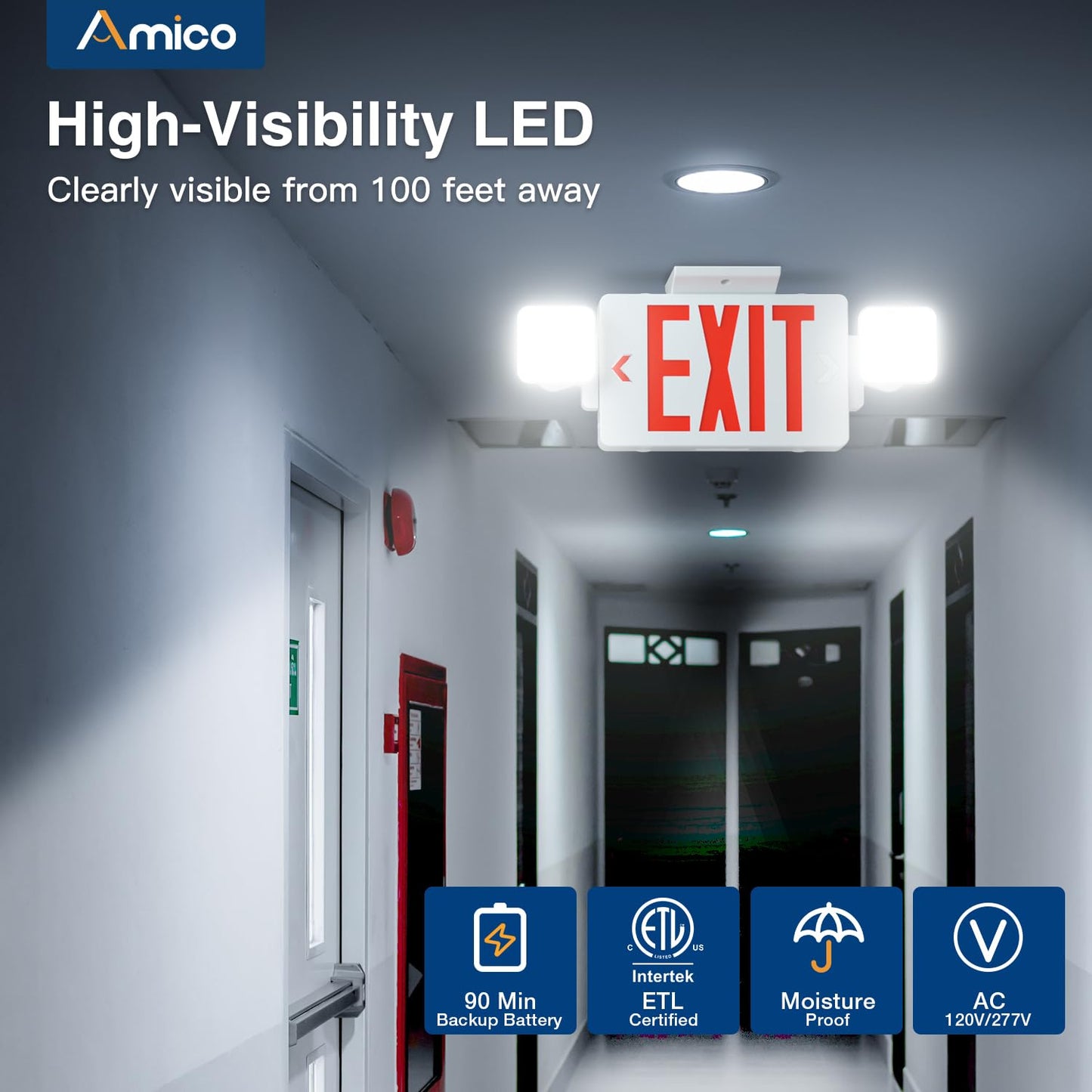 Amico 4 Pack Red Exit Signs with Emergency Lights, Commercial Grade, 94V-0 Fire Resistant Housing, Two LED Adjustable Head, Emergency Exit Sign with Lights Battery Backup, ETL Certified, AC 120/277V