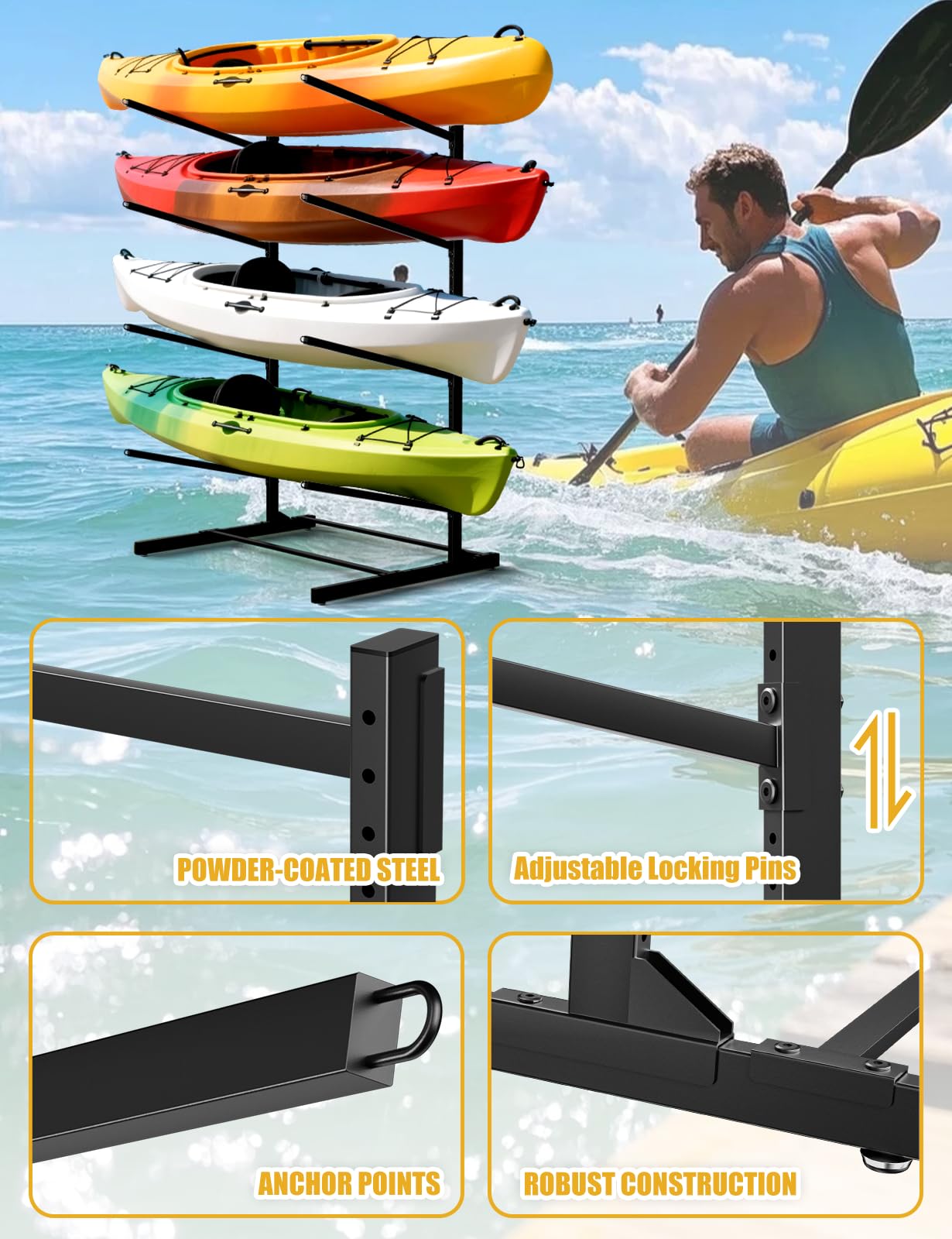 sogiv Freestanding Kayak Storage Rack, Metal Kayak Racks, Heavy Duty Kayak Holder, Freestanding Kayak Stand, Canoe Rack for Garage & Outdoor Storage, for Kayaks, Canoes, Surfboard & Paddleboard