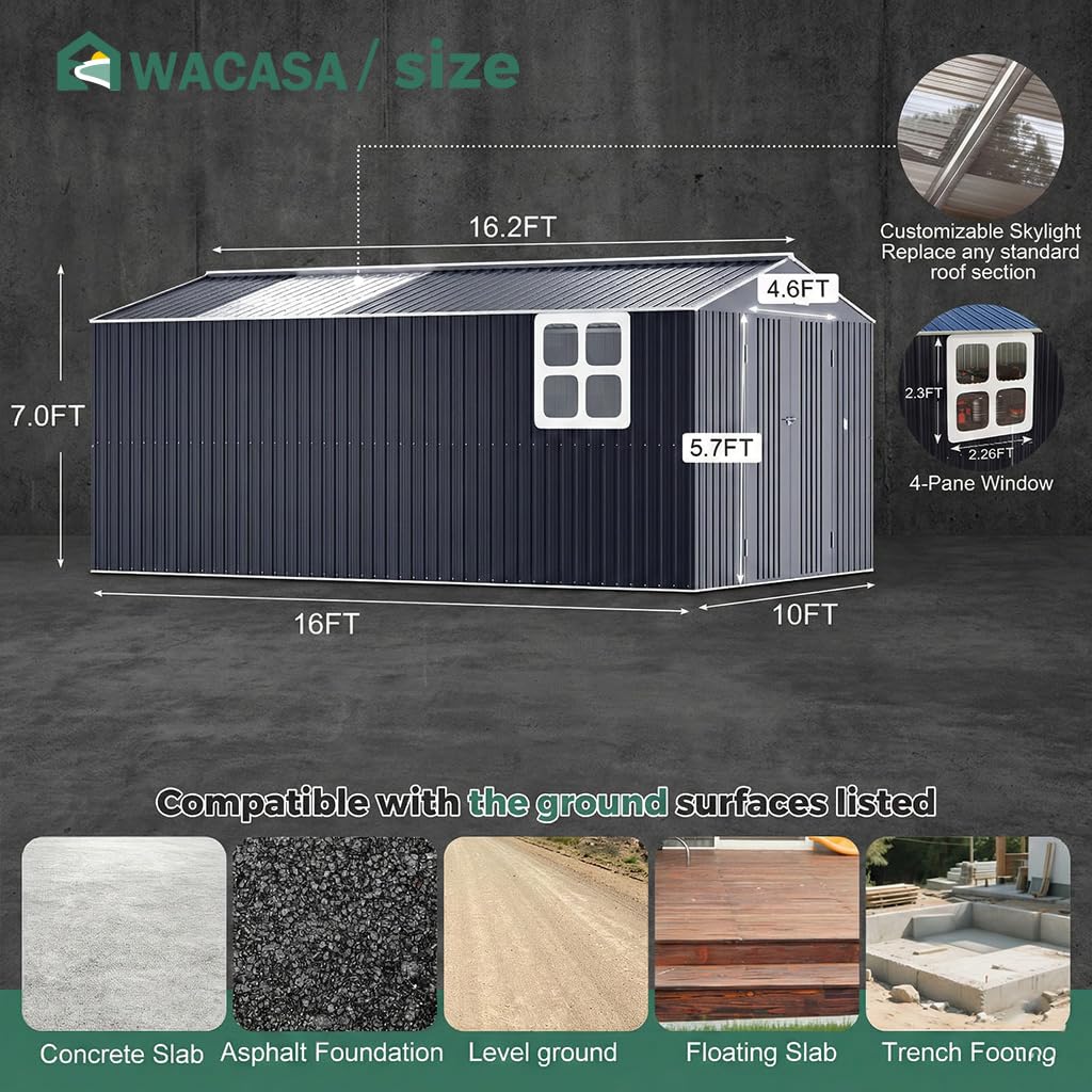 10x16 FT Metal Shed Heavy-Duty | Military-Grade 20-Gauge Reinforced Frame with Powder Coating | 50 PSF Snow Load & 120 MPH Wind Rated | Garden Tool/Bike Skylight Large Building