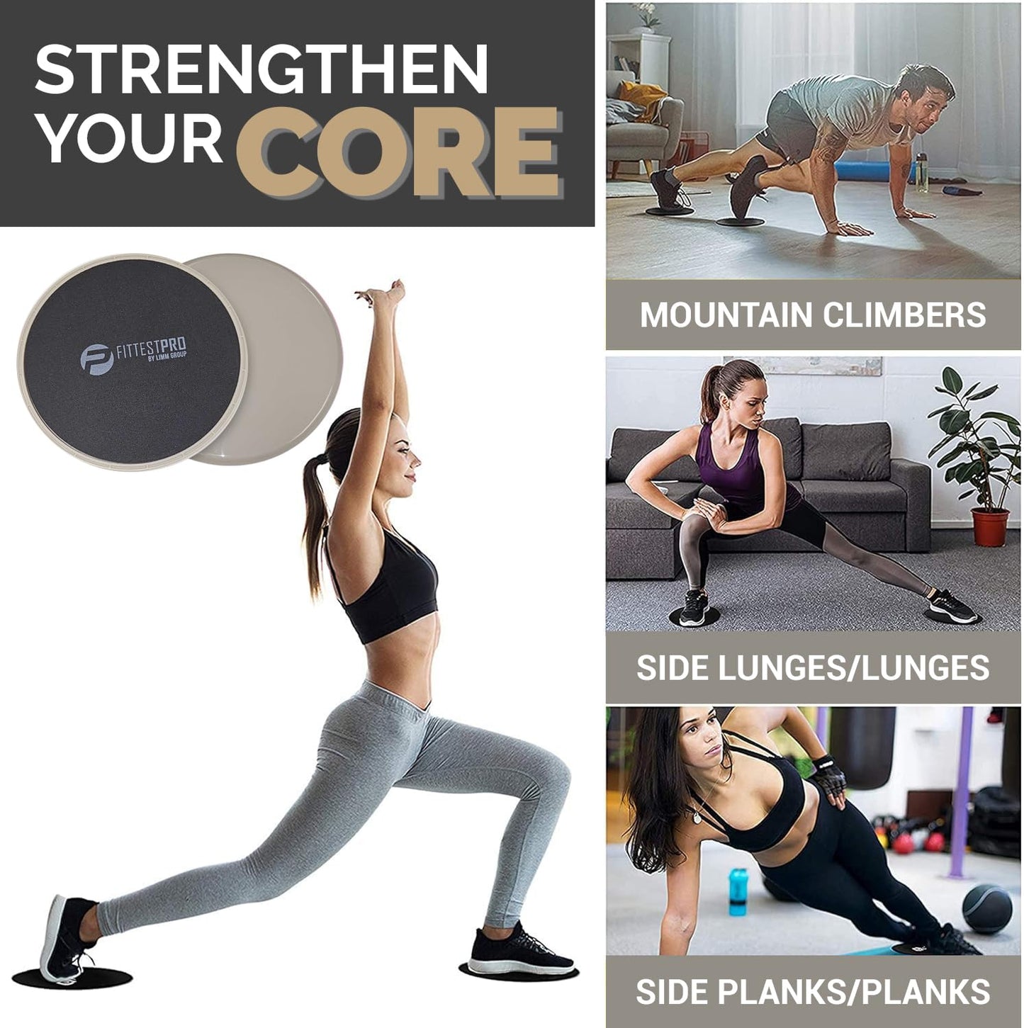 Limm Core Sliders Fitness - Exercise Sliders for Working Out, Stability, Ab, Legs & Full Body (Set of 2) - Bonus Carry Bag & Workout Ebook - Black Gym Gliding Disc Pads for Hardwood, Carpet & More