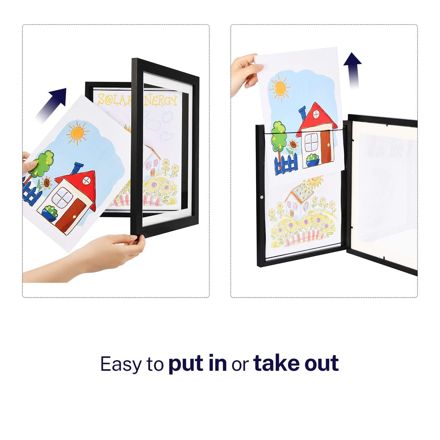 ONE WALL Kids Artwork Picture Frame Display 8.5x11 with Mat or 9.9x12.7 Without Mat, Black Wood Frame with Tempered Glass Front Opening for Kids Drawings, Artworks, Art Projects, Schoolwork, 2-Pack