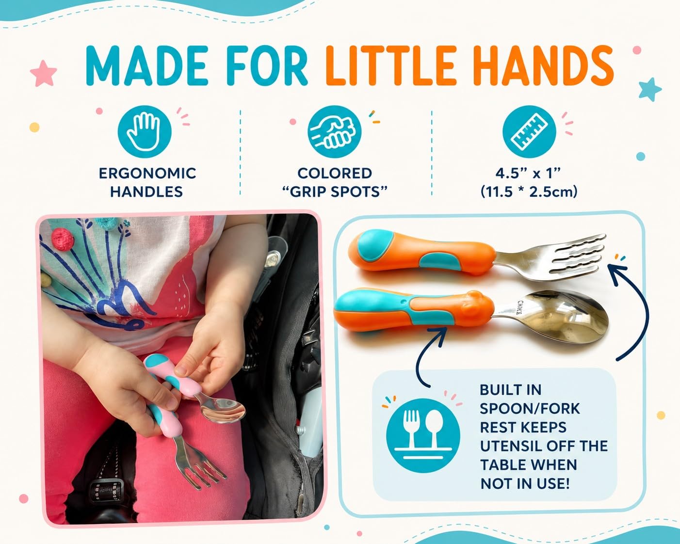 Toddler Silverware, Kids Utensils, Stainless Steel Forks Spoons Set With Travel Case For 1 2 3 & 4 Year Old. Metal Cutlery for Children Girls Boys Baby, Round Handle 8 Pieces (4 Sets) Pink Blue Orange