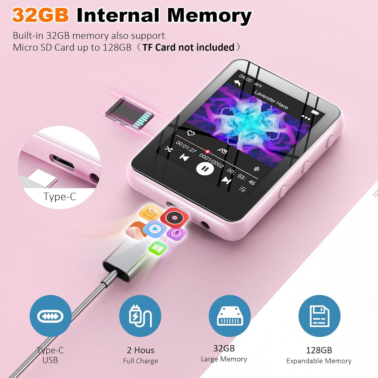 JOJOLEPAI MP3 32GB 128GB) Music Player with Bluetooth, Storage, Full Touch Screen, Built-in Speaker, FM Radio & Voice