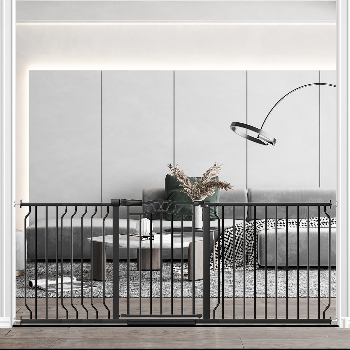 67.3-81.1" Extra Wide Baby Gate for Stairs No Drilling, 30" Tall Auto Close Press Mounted Baby Gate for Doorways, Adjustable Width Walk Through Long Gates for Kids or Pets, Black