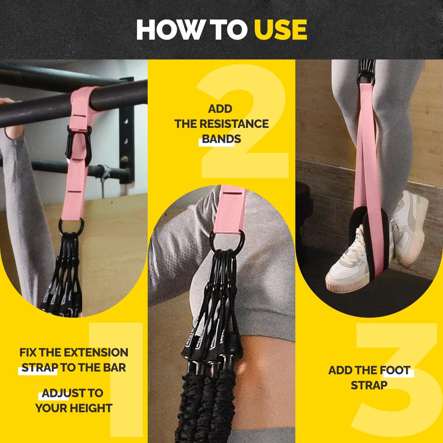 Pull Up Assistance Bands Set - 4 Heavy-Duty Pull Up Bands, Height Adjustable Strap & Comfortable Foot Strap - Stackable Pull Up Resistance Bands for Pull Ups (Pink)