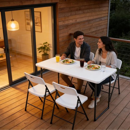 Folding Table | 4ft Heavy-Duty Fold-in-Half Plastic Table with Adjustable Height - Portable for Indoor & Outdoor Use (White)