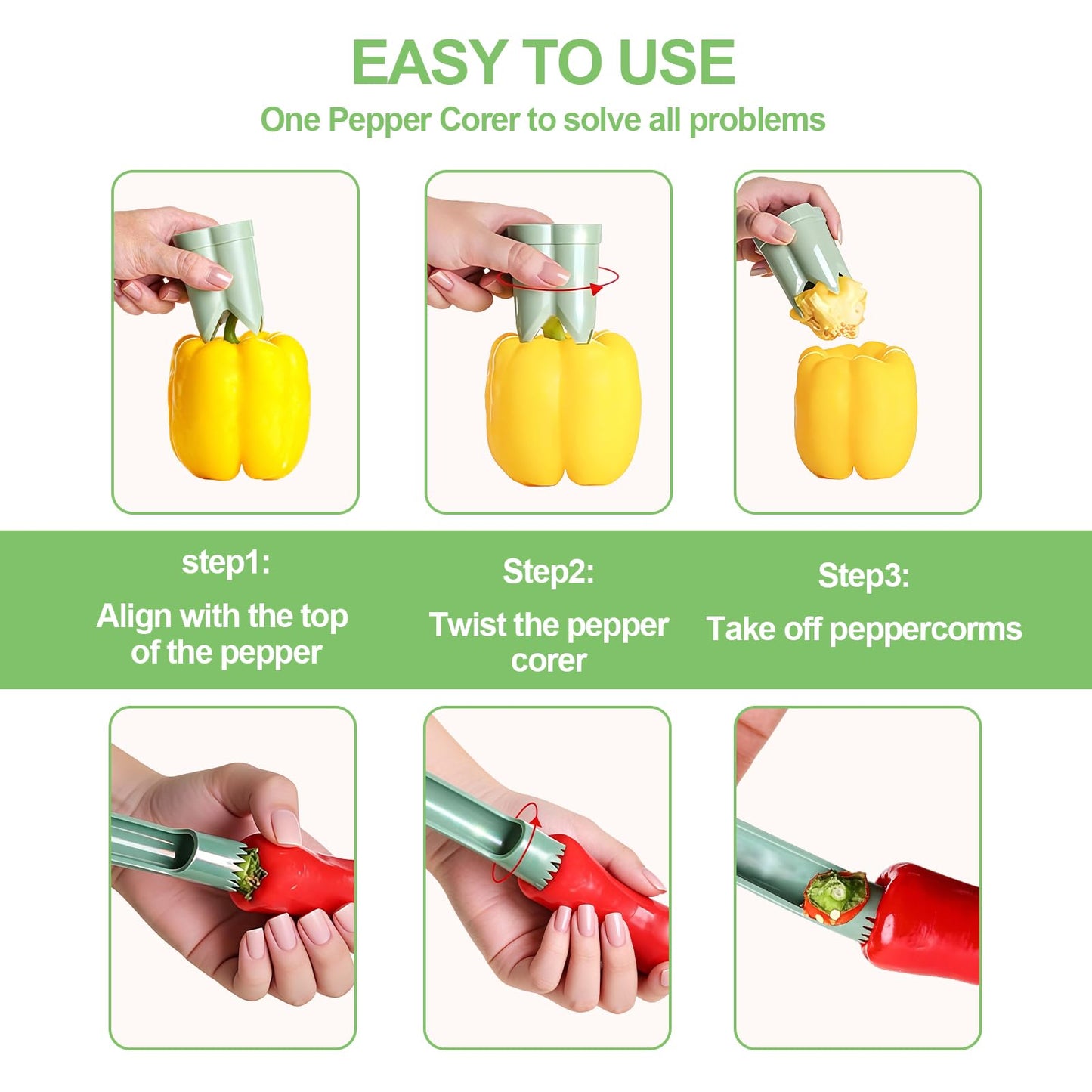 Pepper Corer,Chili Seed Remover Tool,Durable ABS Kitchen Gadget for Bell & Chili Peppers, 2-in-1 Design, Easy Twist Use, Ideal for Home Cooking, Camping(Green)