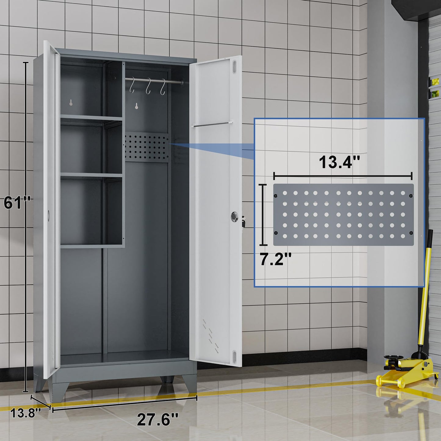 LyAosdFu 61" Metal Storage Cabinet with Lockable Doors, Cleaning Supply Cabinet with Pegboard and Hanging Rod. Garage Tool Storage Cabinets for Home, Laundry, Office, Home Kitchen Utility Cabinet