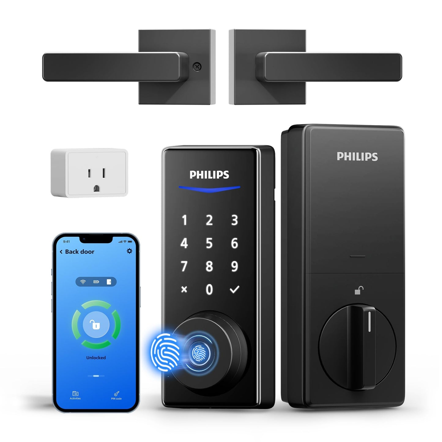 Philips WiFi Smart Lock with Handle, Fingerprint Keyless Entry Door Lock with WiFi Bridge, Smart Locks for Front Door with Handle Set, APP Remote Control, Voice Control, Auto-Lock, Matte Black