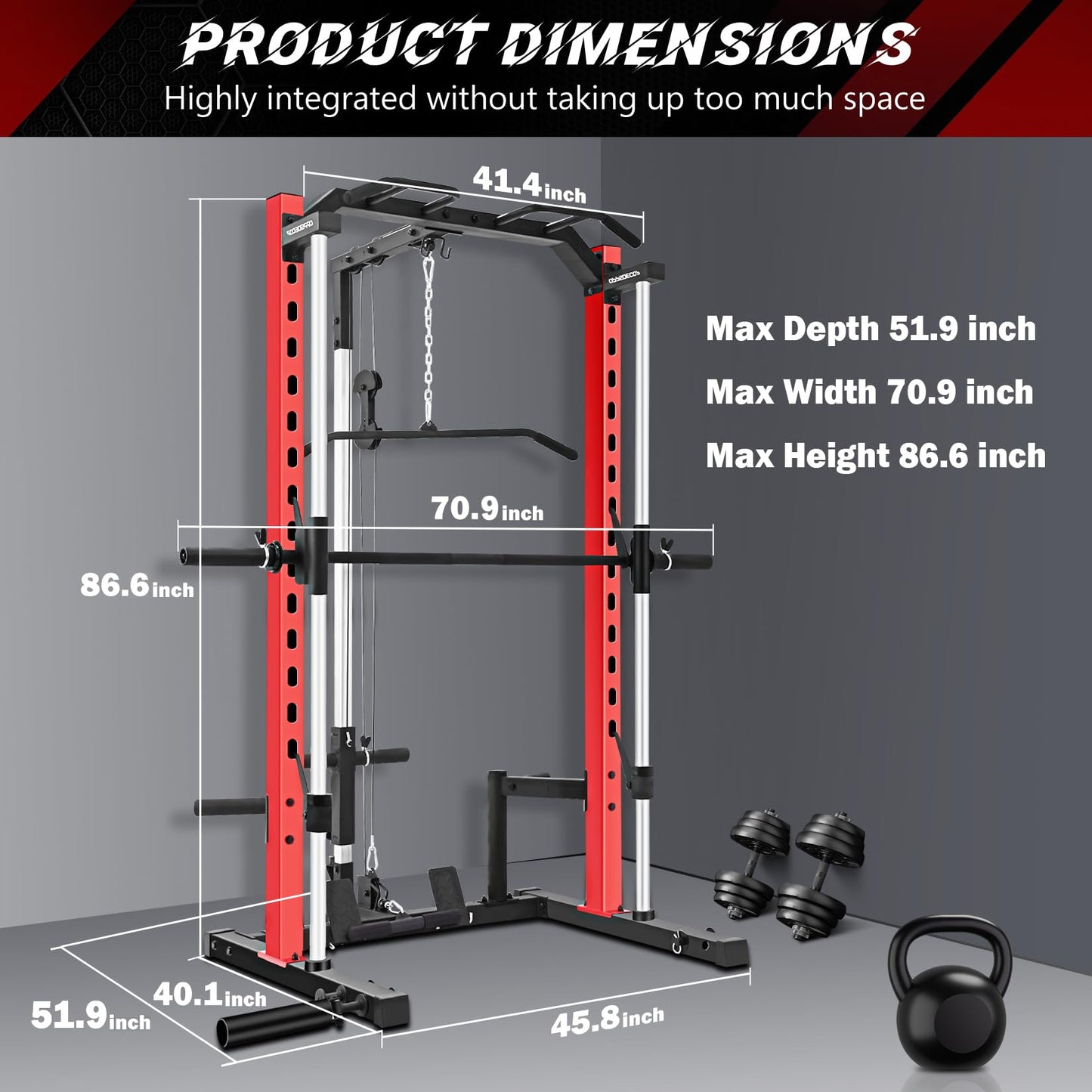OPPSDECOR All-in-One Smith Machine Power Rack with LAT Pull Down System, Pull Up Bar, Barbell Bar, Plate Storage Pegs and More Training Attachment, Heavy Duty Smith Machine Home Gym (BlackRed)