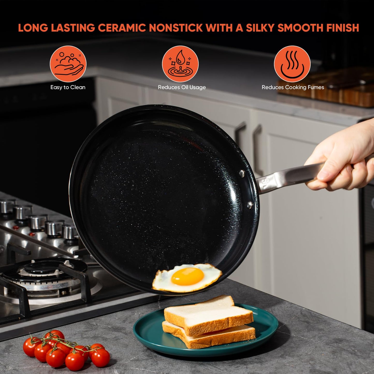 GLOBEHOME 5 Ply Ceramic Non Stick Frying Pans - 12 Inch Stainless Clad Nonstick Skillet, Non-Toxic PTFE PFOA & PFAS Free, Induction Ready Oven Safe up to 650°F, Professional Even Heating Cookware