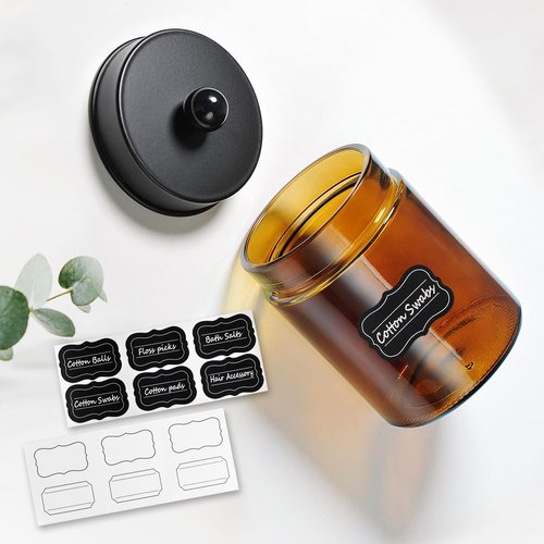 Amolliar Amber Glass Qtip Holder - Stylish Apothecary Jar with Matte Black Lid | 4-Pack Bathroom Organizer for Cotton Swabs & Floss