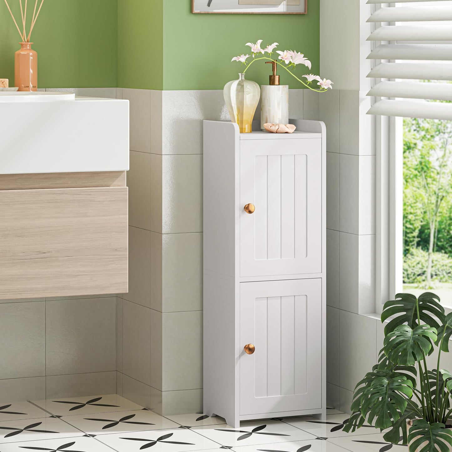 Snughome Bathroom Storage Cabinet, Small Bathroom Cabinet with 2 Doors & Adjustable Shelf, Narrow Toilet Paper Cabinet for Small Spaces, White, 7.9" D x 9.8" W x 29.5" H