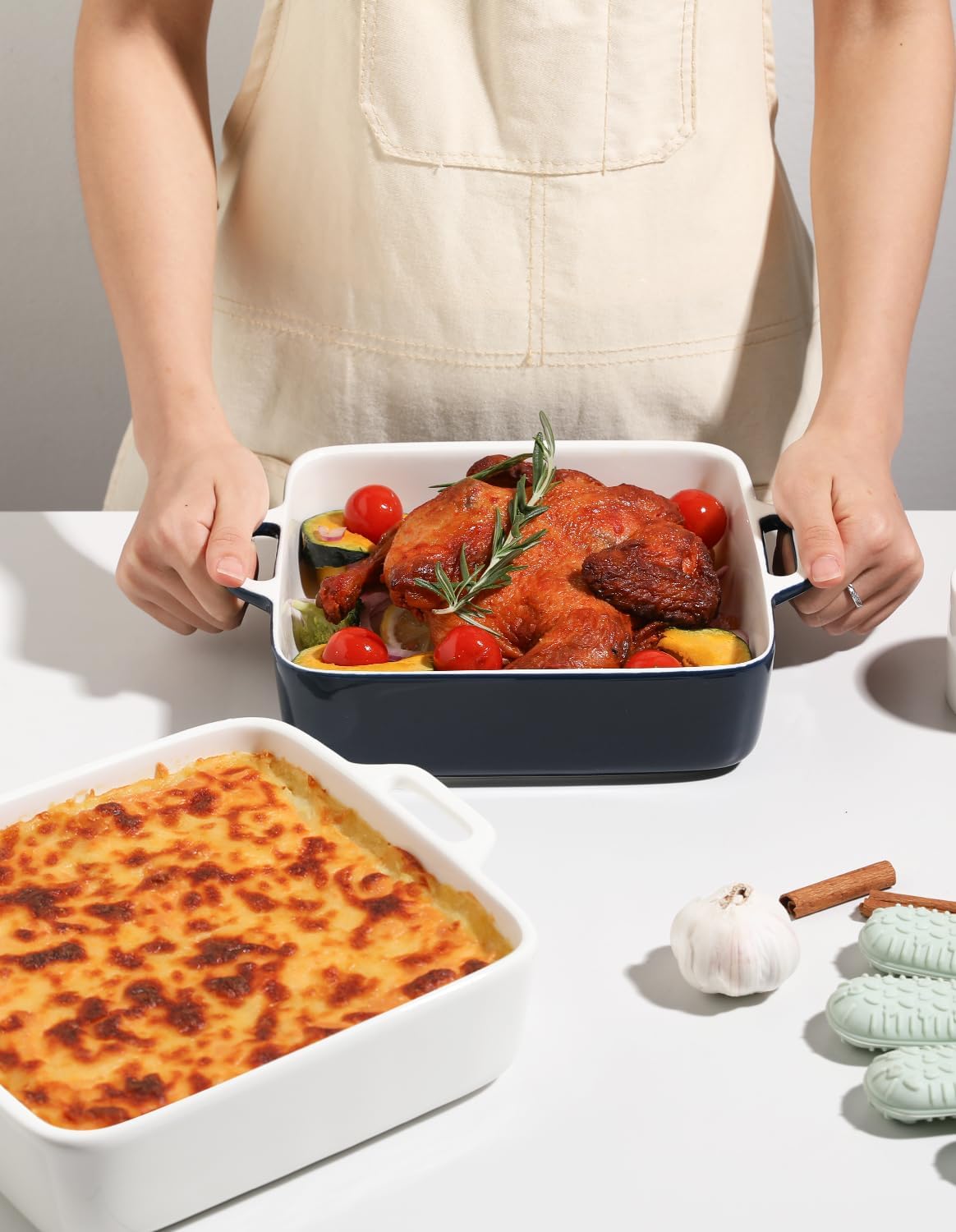 Sweejar 8x8 Baking Pan - Ceramic Casserole Dish with Double Handles | 2 QT Navy Square for Brownies & Lasagna