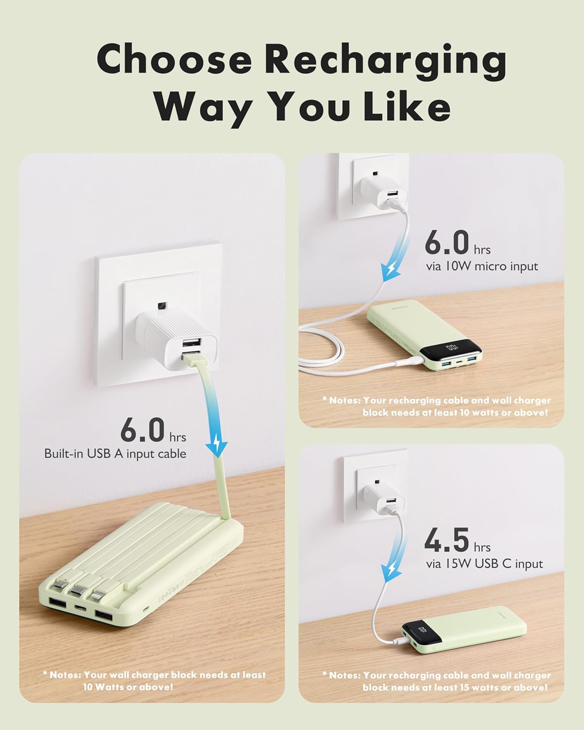 charmast 10000mAh Pack 6 3 3A Portable Charger with Built in Cables, Power Bank with Cords Wires, Slim Travel Battery