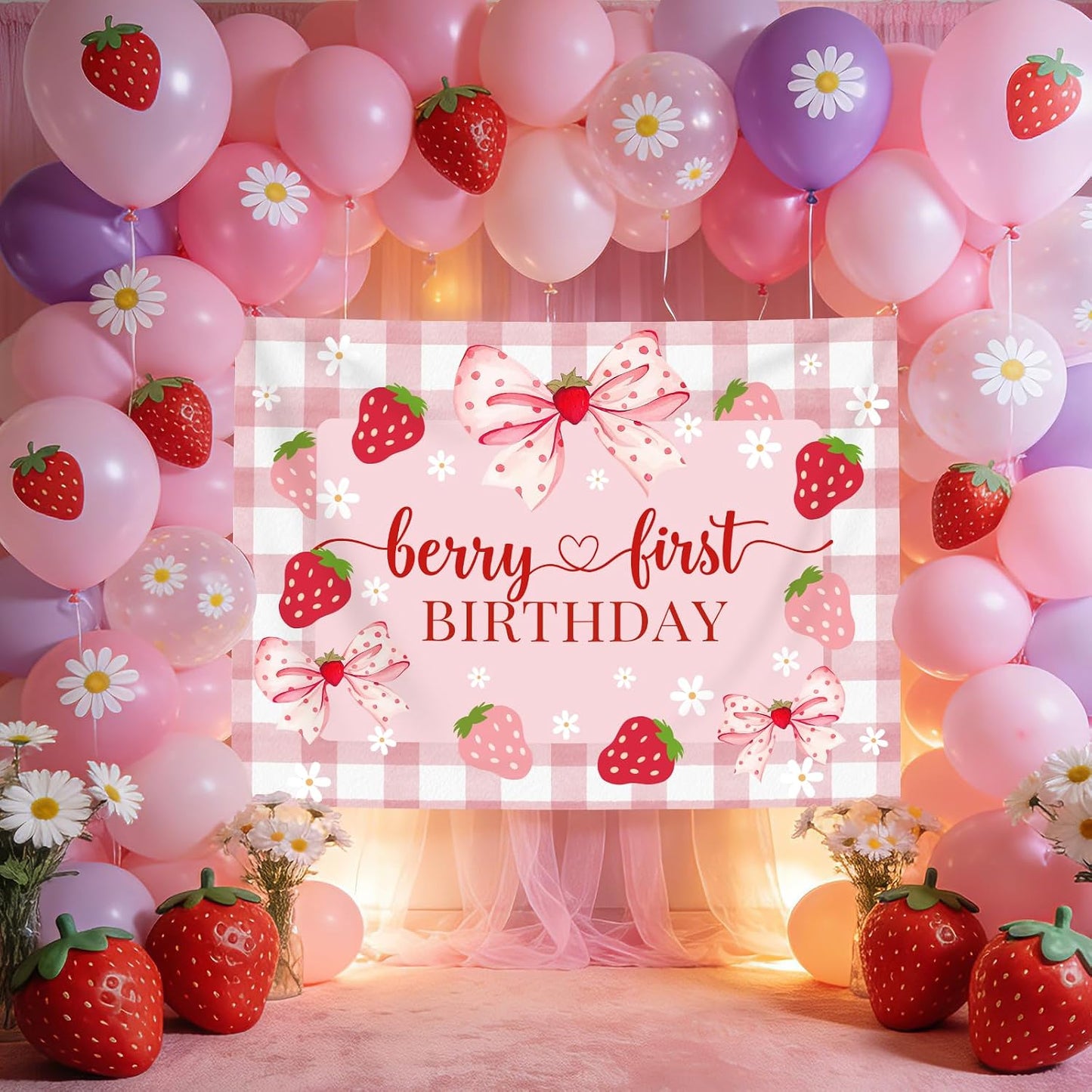 1st 7x5ft Berry First Birthday Backdrop for Girl Pink Bowknot Strawberry Photography Background Sweet One Birthday