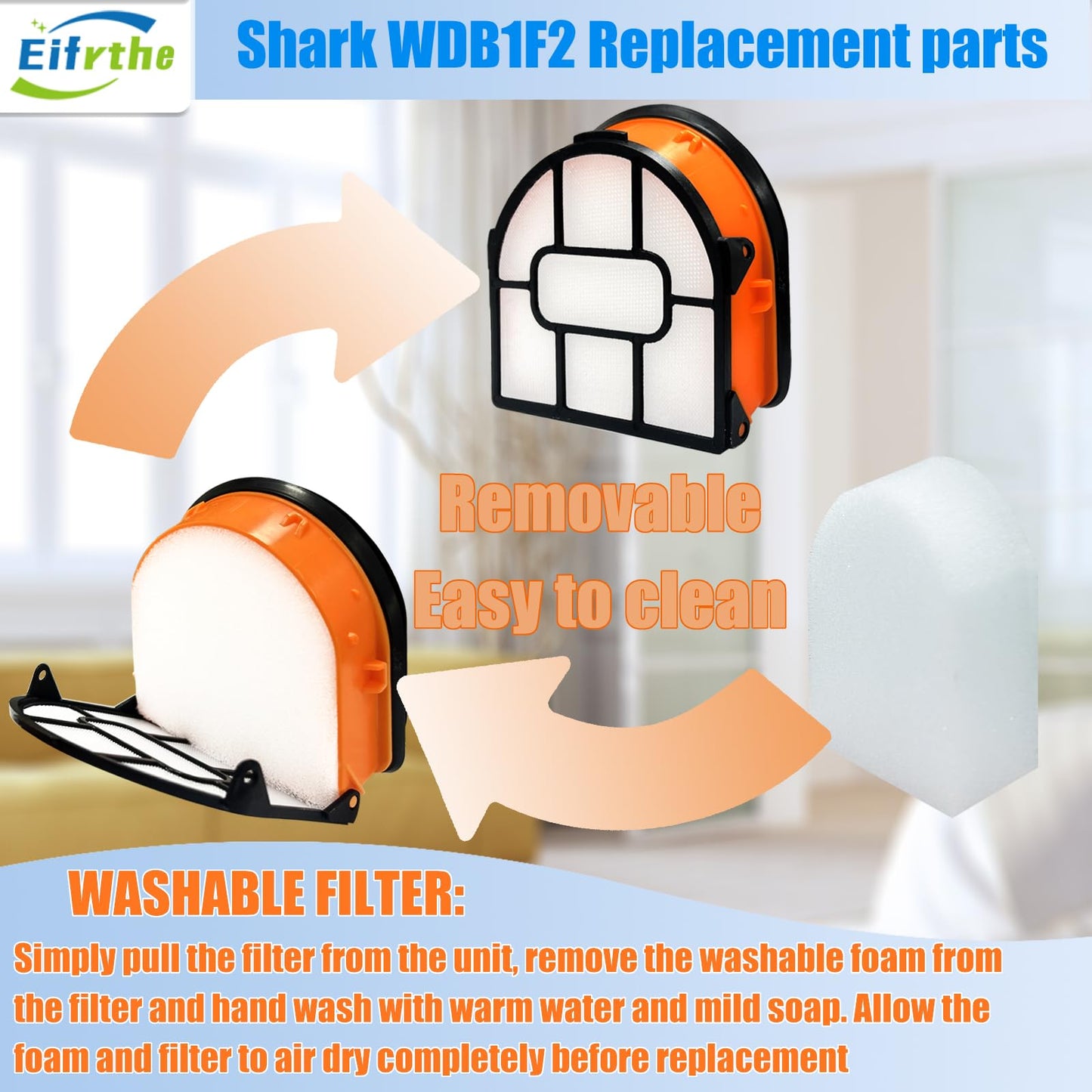 WDB1F2 Replacement Brushroll & Filte Bundle for Shark WD101 WD201 WD100 WD200 AW201 WD200C WD201C WD101C AW261 wd160 HydroVac XL 3-in-1 vacuum cleaner, compare parts WDB1, WDB2, WDFF1, WDFF2, WDB1F2