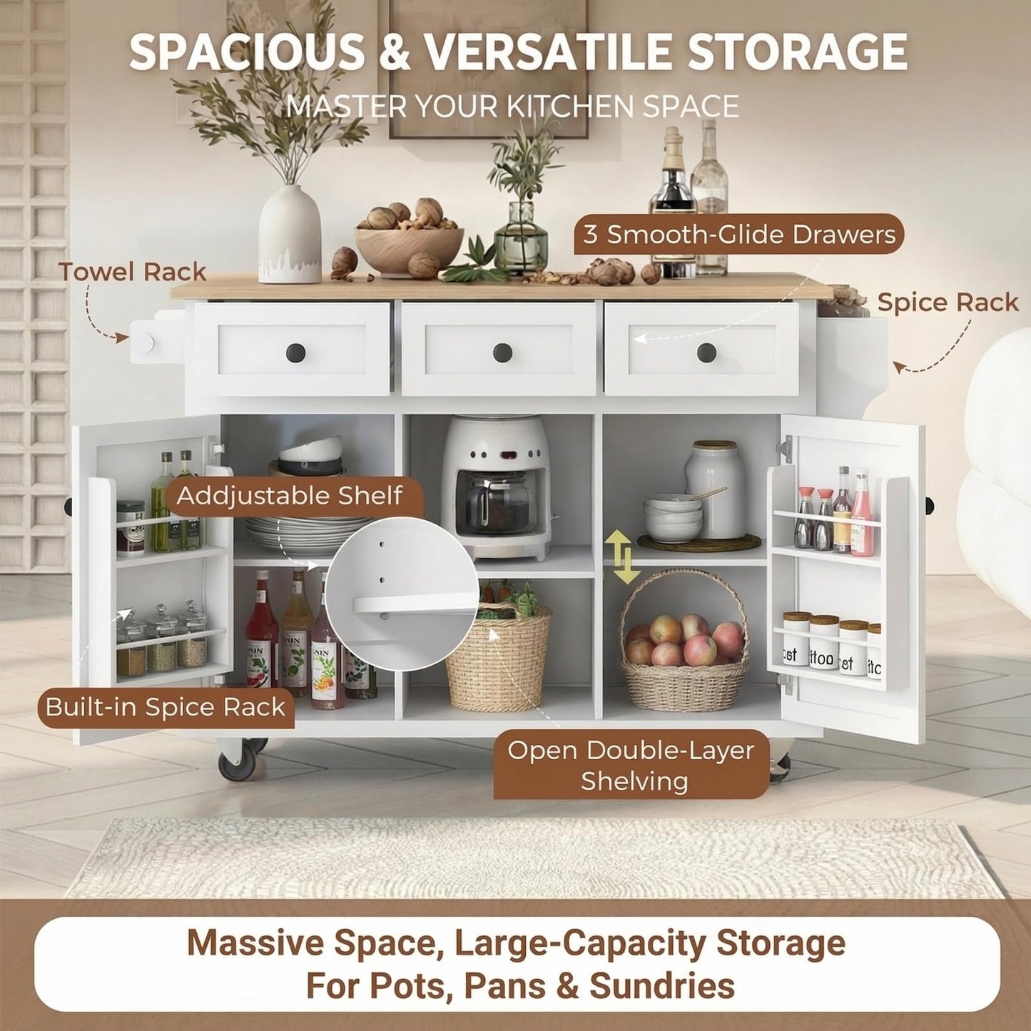 Waully 53'' Mobile Kitchen Island with Seating, Rolling Kitchen Island with Storage and Drop Leaf, 3 Drawers Islands Cart Rubberwood Top, 2 Open Shelves, Isla para Cocina, White + 2 StooIs
