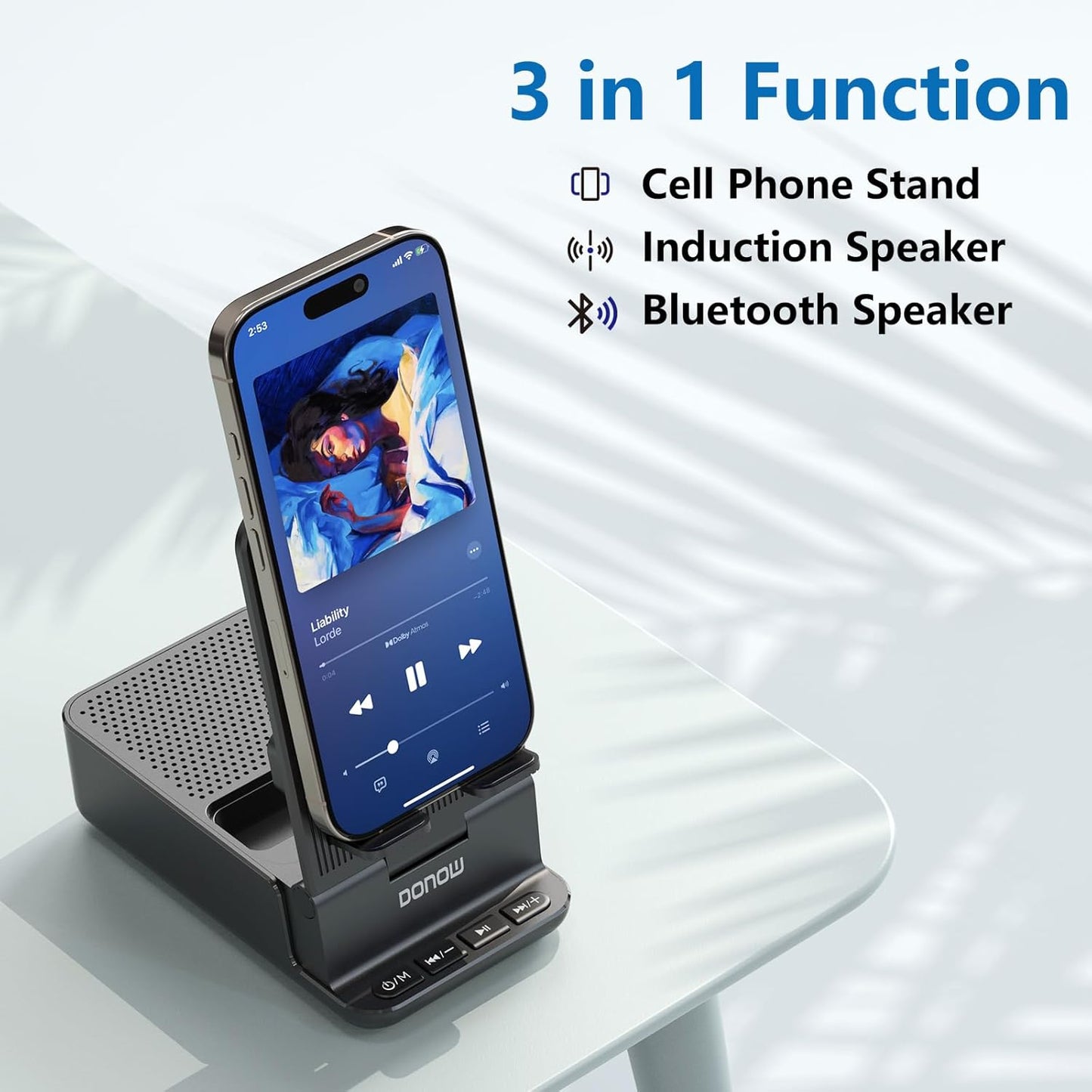 DONOW Wireless Induction Bluetooth Speaker with Cell Phone Stand, HD Surround Stereo Sound Foldable Phone Holder