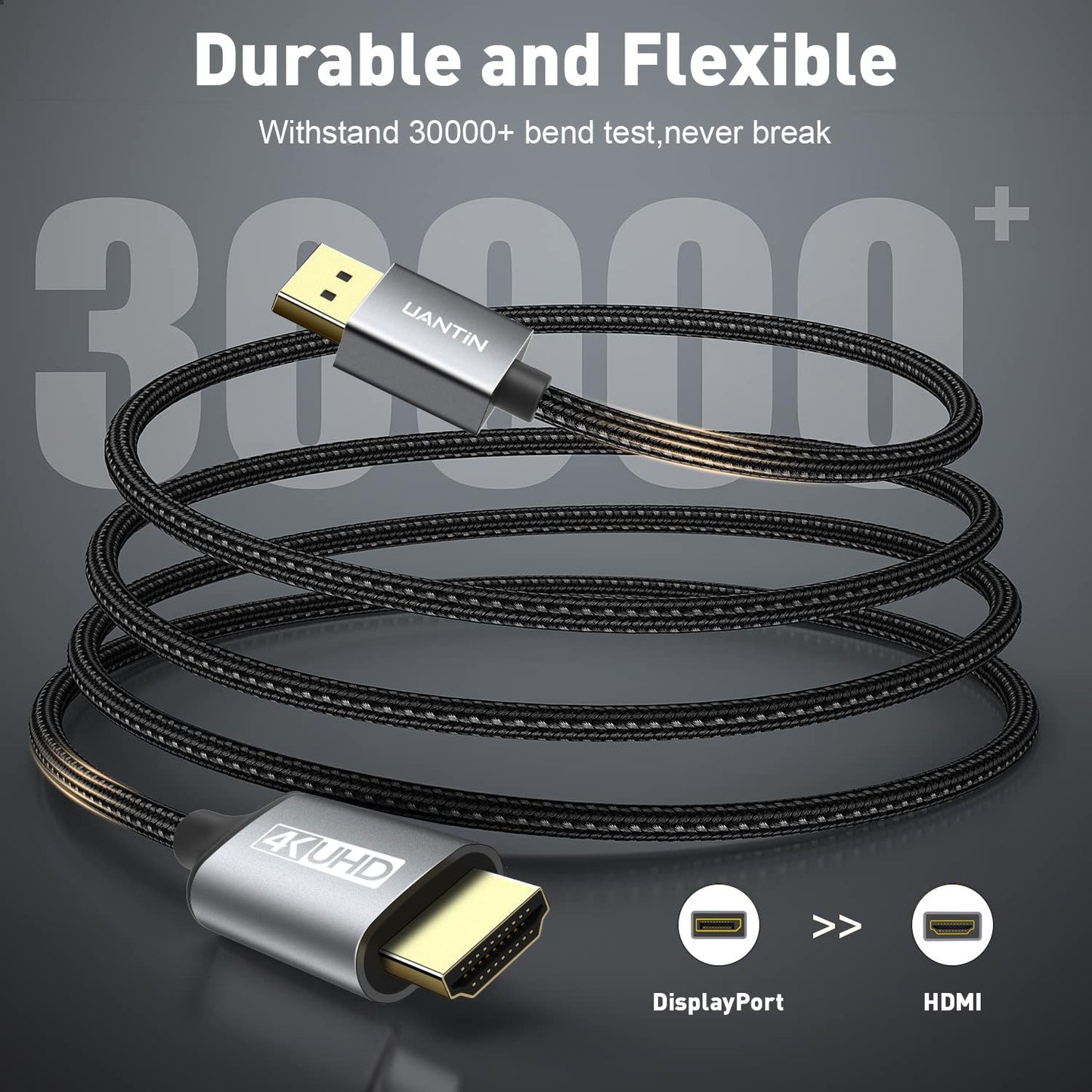 4K 6Ft, 1.2 1.4 4K@30Hz, 2K@60Hz, UANTIN DisplayPort to HDMI Cable Uni-Directional Only, DP (Source) to HDMI (Display)