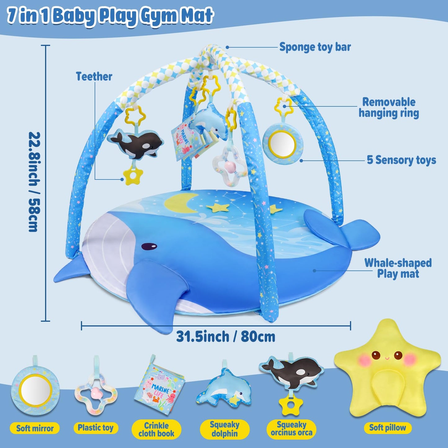 Dr.Rapeti 31x31inch Baby Play Mat, Activity Baby Play Gym with Arch, Playmats & Floor Gyms, Detachable Mirror and Squeaky Soft Set, Thick Non-Toxic Playmats