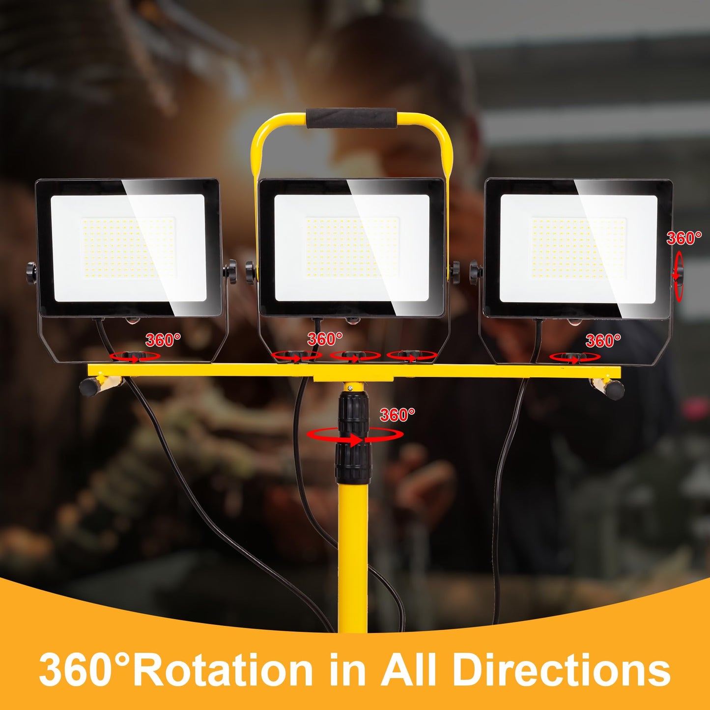 30000 Lumen Work Lights with Stand, 300W Three Head LED Work Light, Waterproof Lamp with Individual Switch, Adjustable Metal Telescoping Tripod（2 Pack）