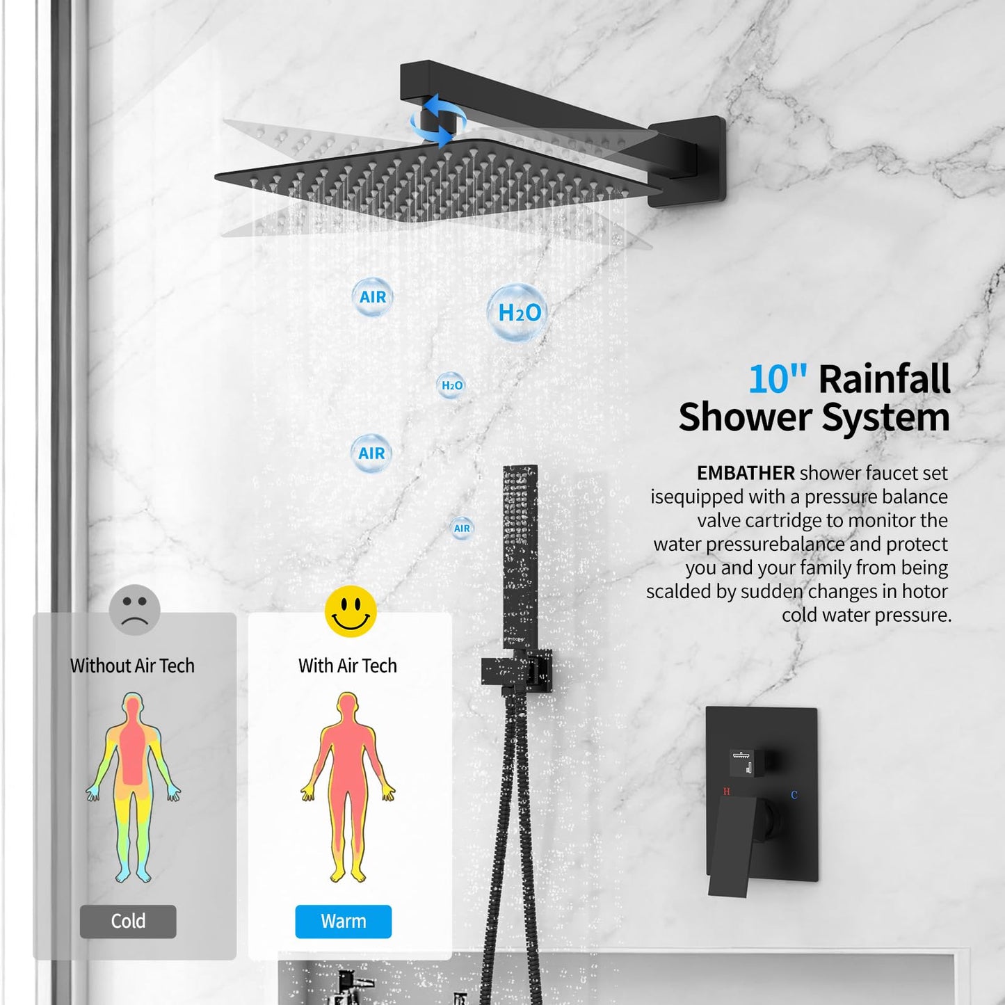 Black Shower System Sets Faucet: EMBATHER 10 Inch Overhead Rainhead Shower Combo Set with Handheld and Valve-Luxury Rain Mixer Rainfall Black Shower Faucets Sets Complete