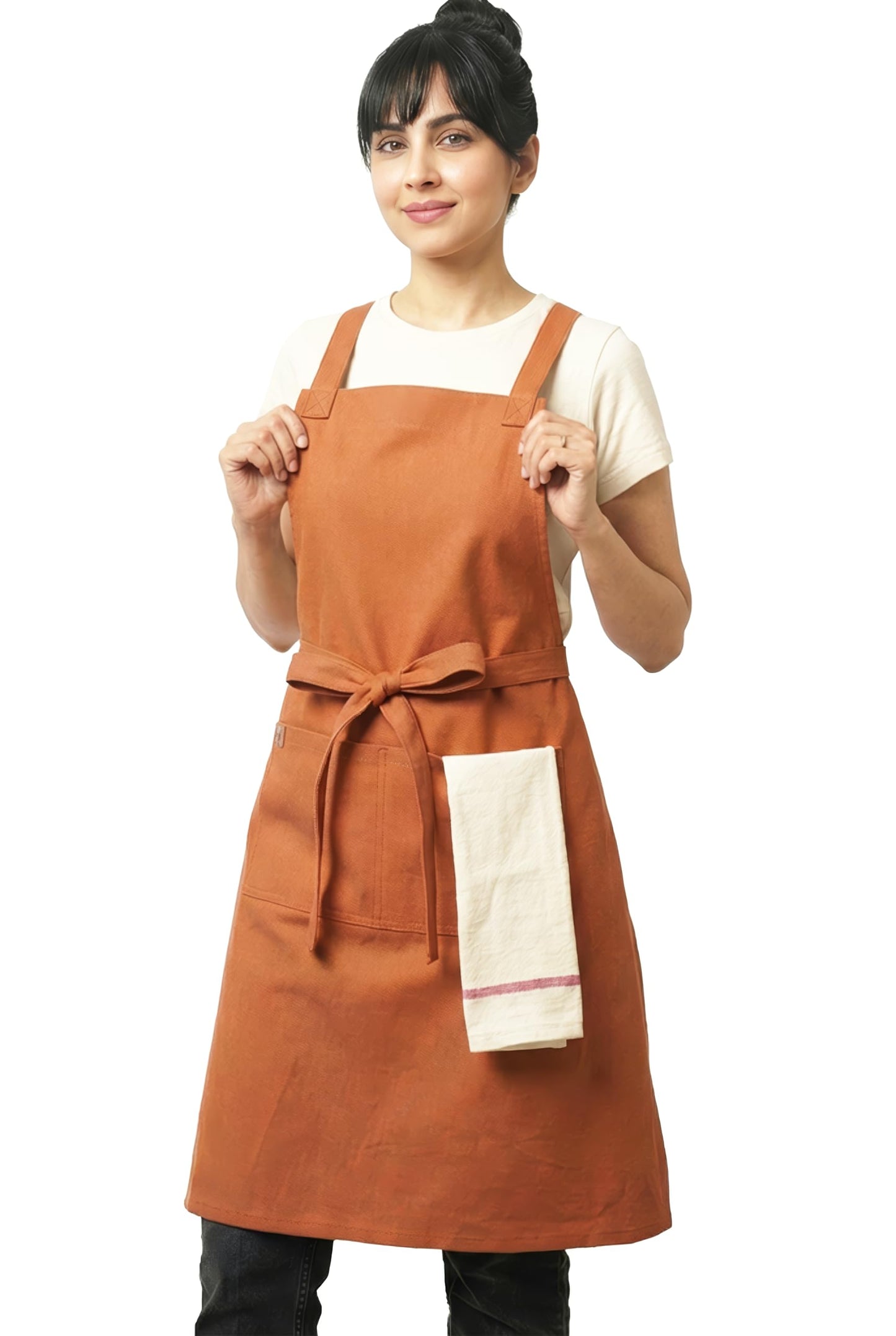 RUSTIQUE LINENS Ochre Cotton Cross Back Apron with Waterproof Inner Membrane and 2 Pockets for Men and Women – Adjustable Water Resistant Chef Apron for Cooking, Baking, BBQ, or Work