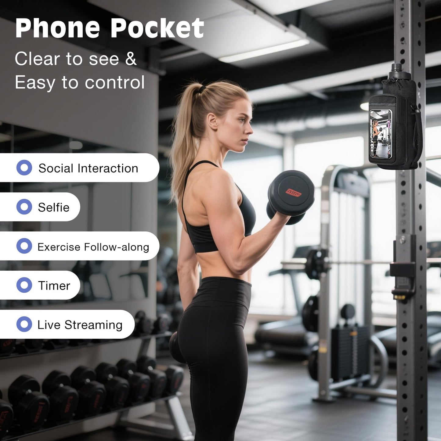 MoKo Magnetic Gym Bag, Magnetic Water Bottle Holder with Clear Phone Pouch, Built-in 4 Magnets Fitness Bag for Men and Women Compatible with Most Water Bottles, Gym Accessories Gifts, Black