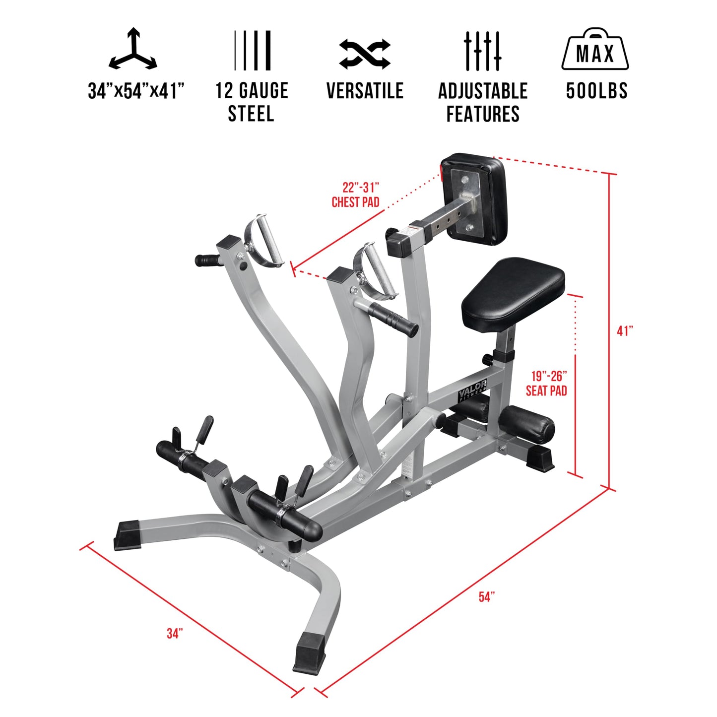 Valor Fitness Seated Row Machine – Plate Loaded with Converging Arms & Multi-Grip Handles, 400 lb Capacity, 2" Plate Adapters for Back & Chest Strength Training Home Gym Equipment