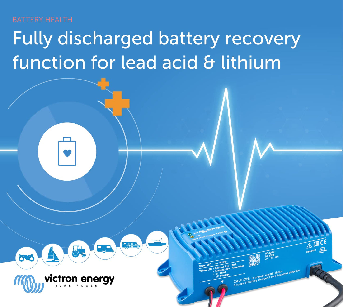 Victron Energy Blue Smart Marine Battery Charger – IP67 – Float, Trickle Charger & Desulfator for Boat, ATV, RV, Lithium & Deep Cycle Batteries - 12V 25A