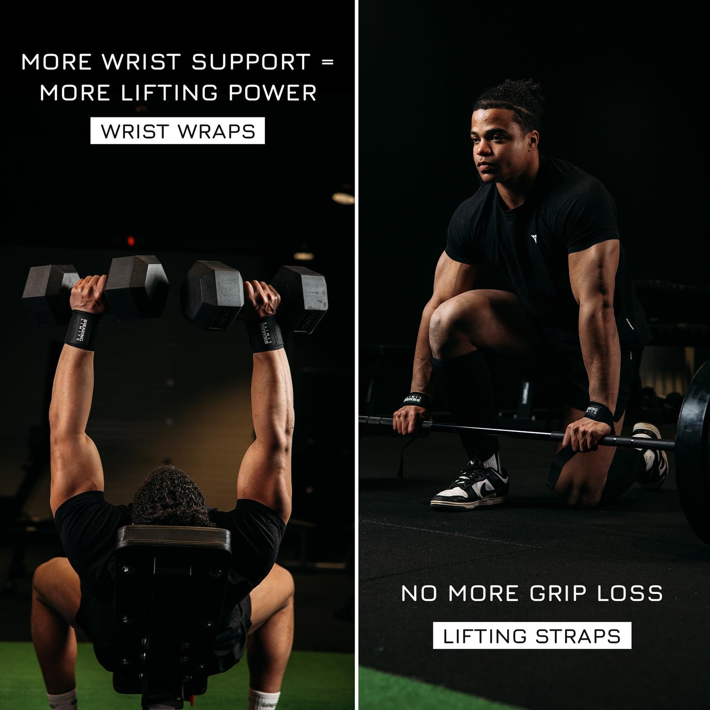 BREAKING LIMITS Set of Lifting Straps & Wrist Wraps - 2 Wrist Bandages, 2 Lifting Aids - Strength Training, Weight Lifting, Bodybuilding, Lift Training, Powerlifting, One Size | (Black)