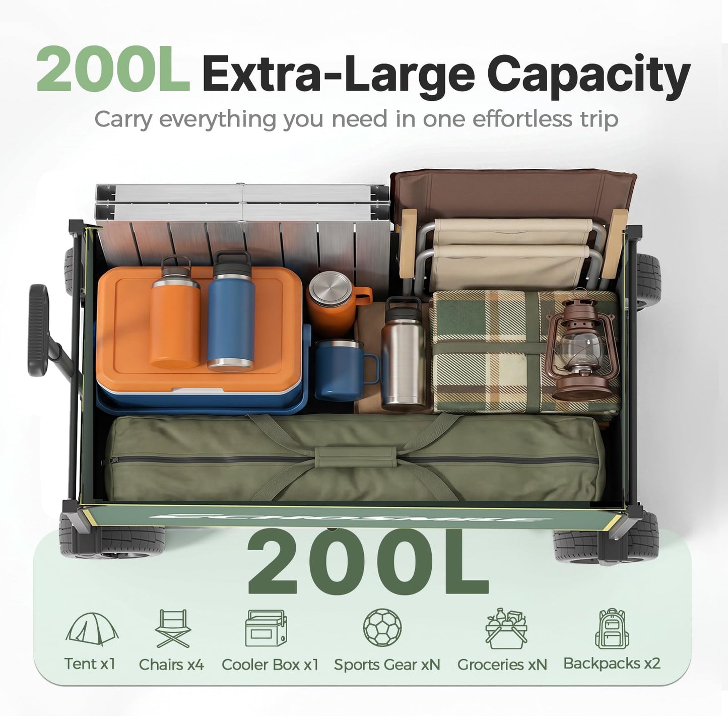 EchoSmile Collapsible Wagon Cart for Camping & Beach - Heavy Duty 400lbs Capacity All-Terrain Cart with Wide Wheels, Portable Folding Utility Wagon for Grocery, Garden, Sports,Green&Yellow