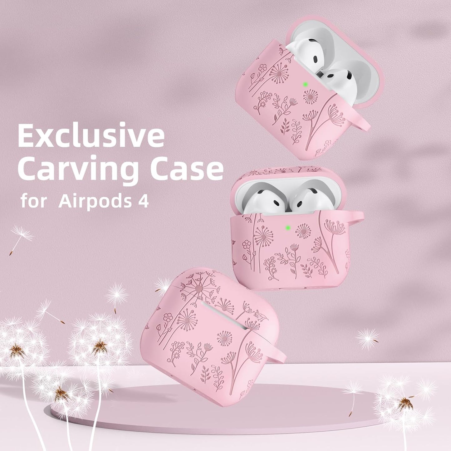 Lerobo 4 4 2024 for Airpods Case Cover with Cleaner Kit, Cute Flower Engraved Silicone Protective Case Cover
