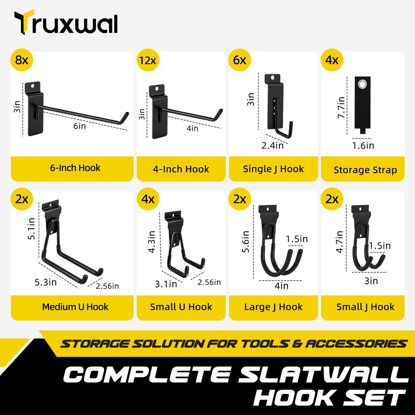 Truxwal 40 Pcs Slatwall Hooks & Hangers – Heavy-Duty Metal Slatwall Accessories Kit for Garage, Workshop & Shed Organization of Tools, Ladders, and Garden Equipment