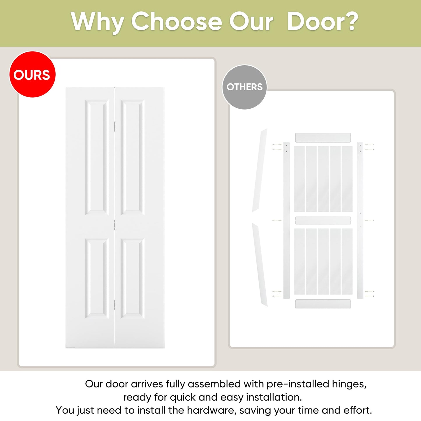 JUBEST 24 in.x 80 in. Bifold Closet Door, 2 Panel White Primed Bifold Door, Hollow Core Interior Folding Doors with Hardware Kit & Handle