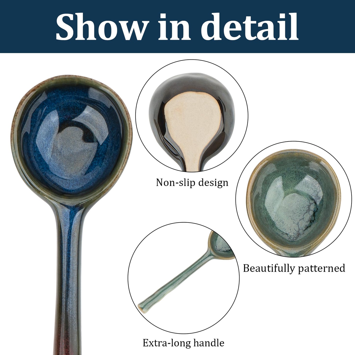 JANKOW 4 Pack Japanese Ceramic Soup Spoons - Hand-Painted Retro Porcelain Spoons with Long Handle - Asian Soup Spoon Set for Ramen, Pho, Wonton, Miso Soup, Dumplings - 6.6 Inch