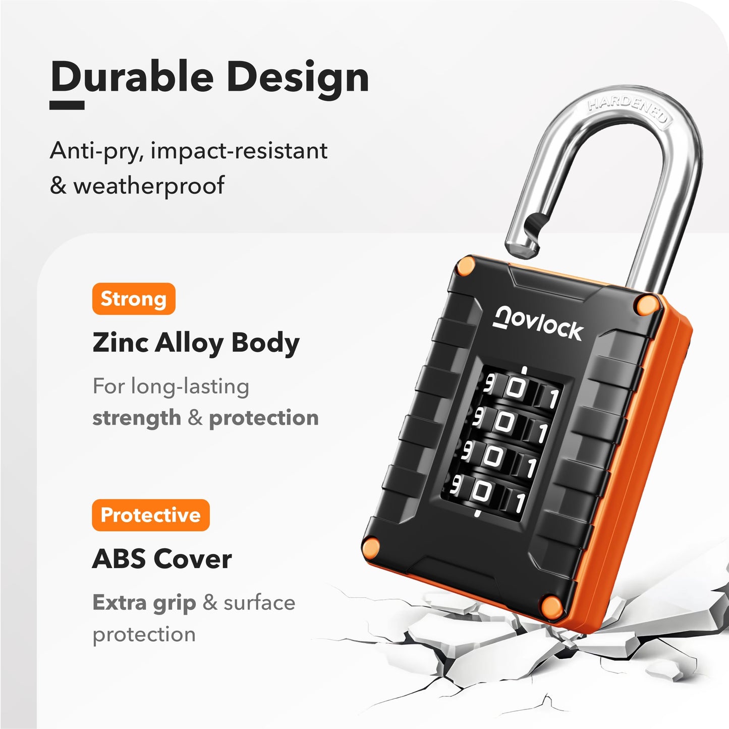 NOVLOCK Locker Lock for Gym, School, Home & Work | 4-Digit Combination Padlock | 1-Pack, Black/Orange