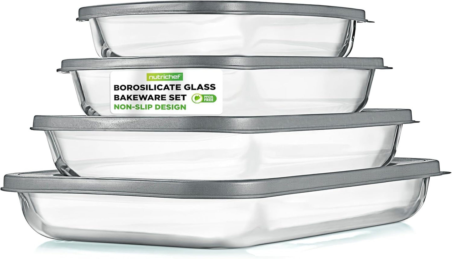 NutriChef 8-Piece Deep Glass Baking Dish Set - Oven Safe Casserole Dishes with Lids | Perfect for Lasagna, Meatloaf & Leftovers - Gray