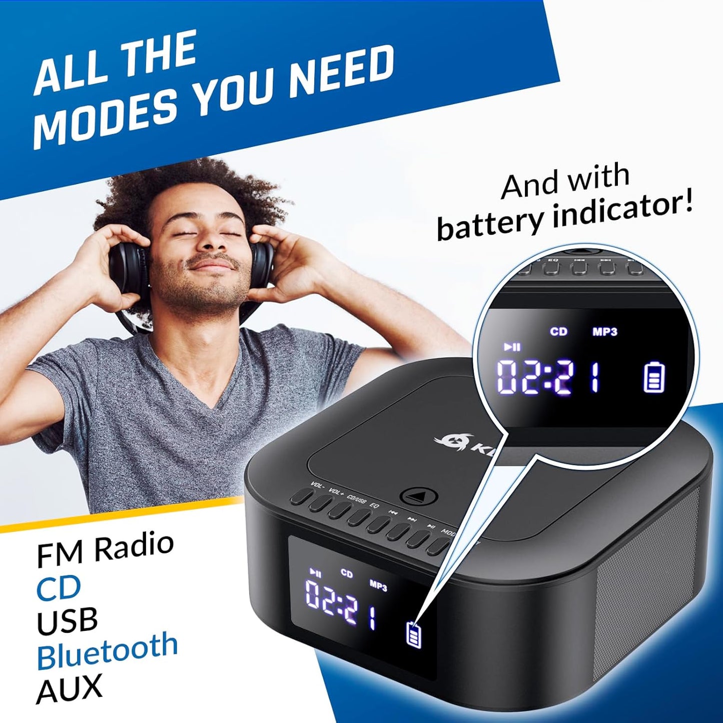KLIM E1 MP3 Boombox with CD case - CD Player Portable Audio System + Extra BASS with Subwoofer + FM Radio, Bluetooth