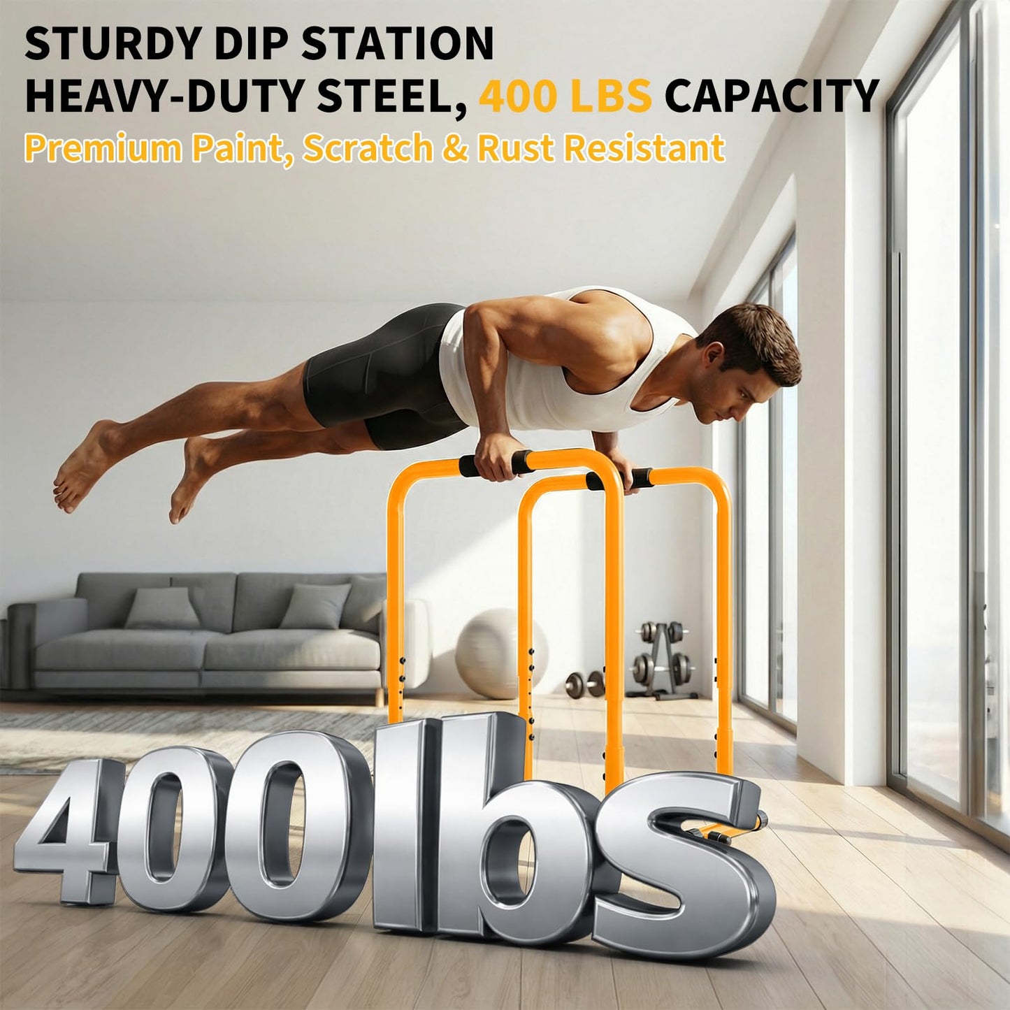 NEWBULIG Dip Bar Station, Adjustable Parallel Parallettes Bar with Soft High-Density Foam Handles, Heavy Duty Dip Stands Workout Equipment for Home, Gym, Patio, Office - Yellow