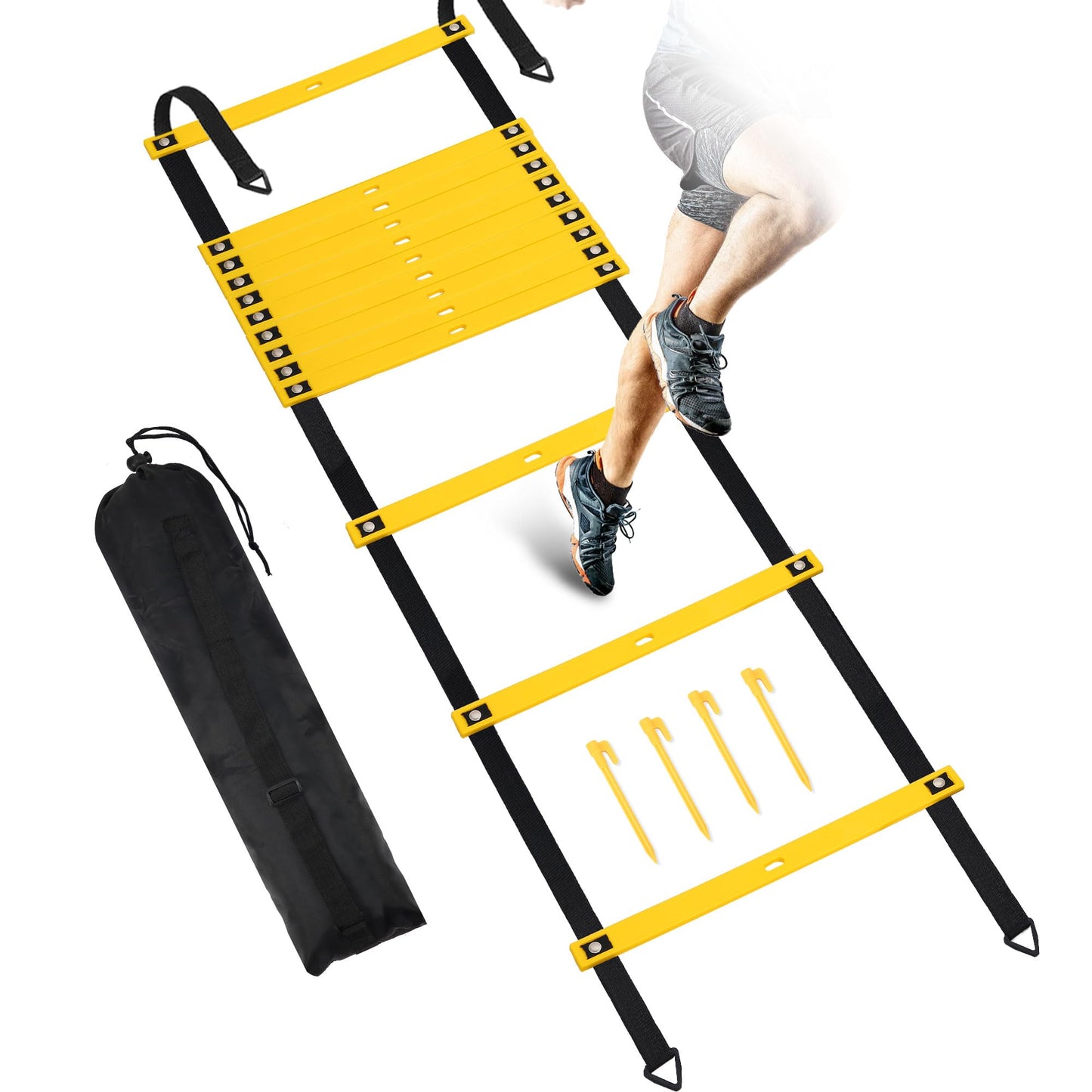 Camkinger Fixed Rung Agility Ladder, 20ft, 12 Rungs No Tangle Speed and Agility-Training Equipment for Soccer Footwork Coaching Ladders with Carrying Bag, Ground Stakes for Adults, Youth Kids, Yellow
