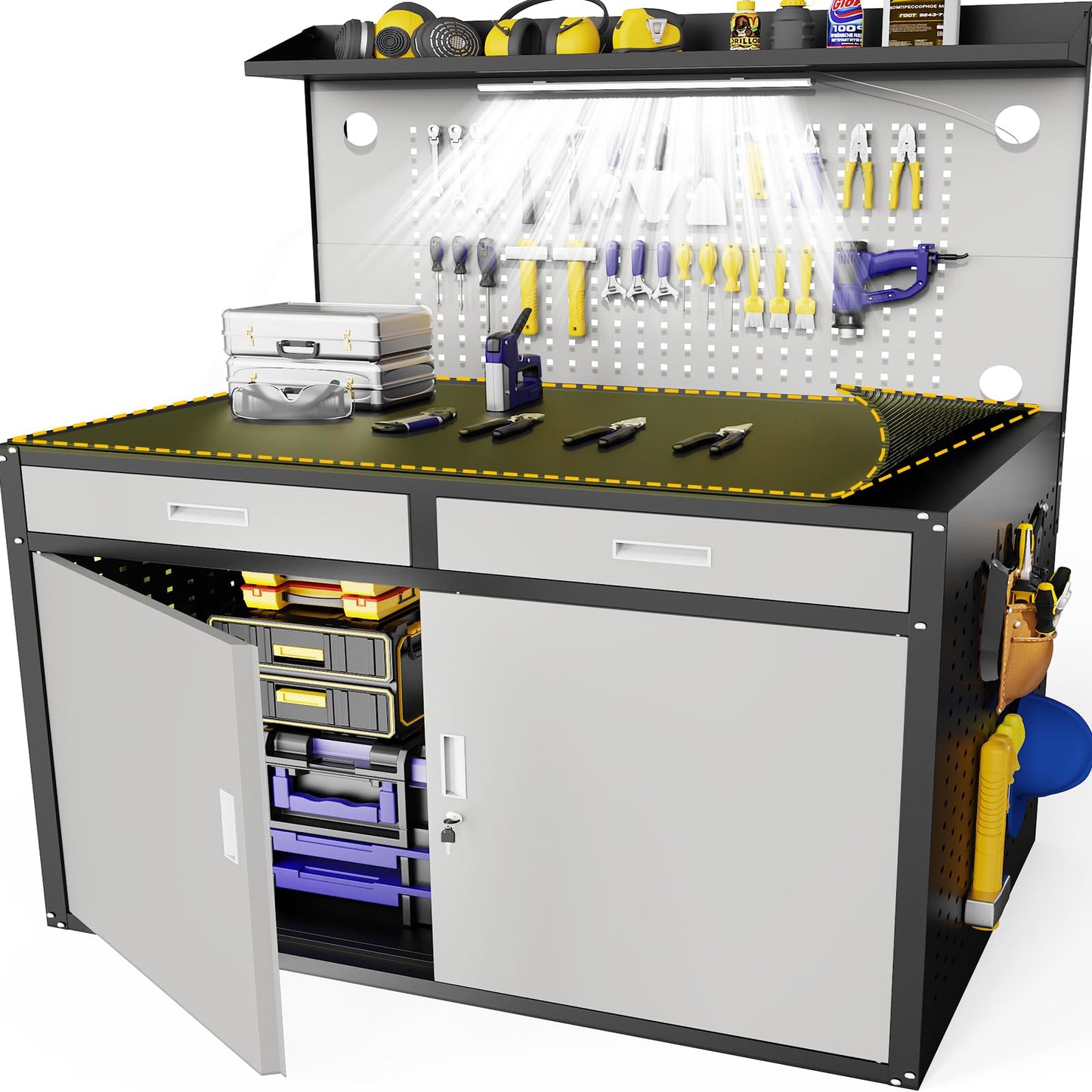 Eltean 48" Work Bench,Heavy Duty 2500 LBS Capacity Workbench with Drawers and Storage,Work Table with Light & Pegboard,Work Benches for Garage