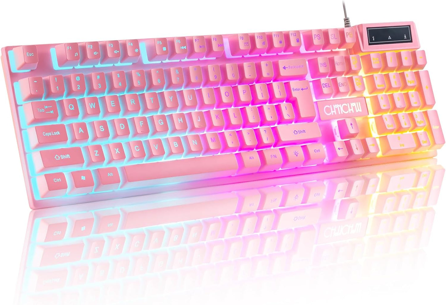 CHONCHOW 104 19 3 Light Up Cute Pink Gaming Keyboard, Keys Full Size, Number Pad, Keys Anti-Ghosting, Multimedia