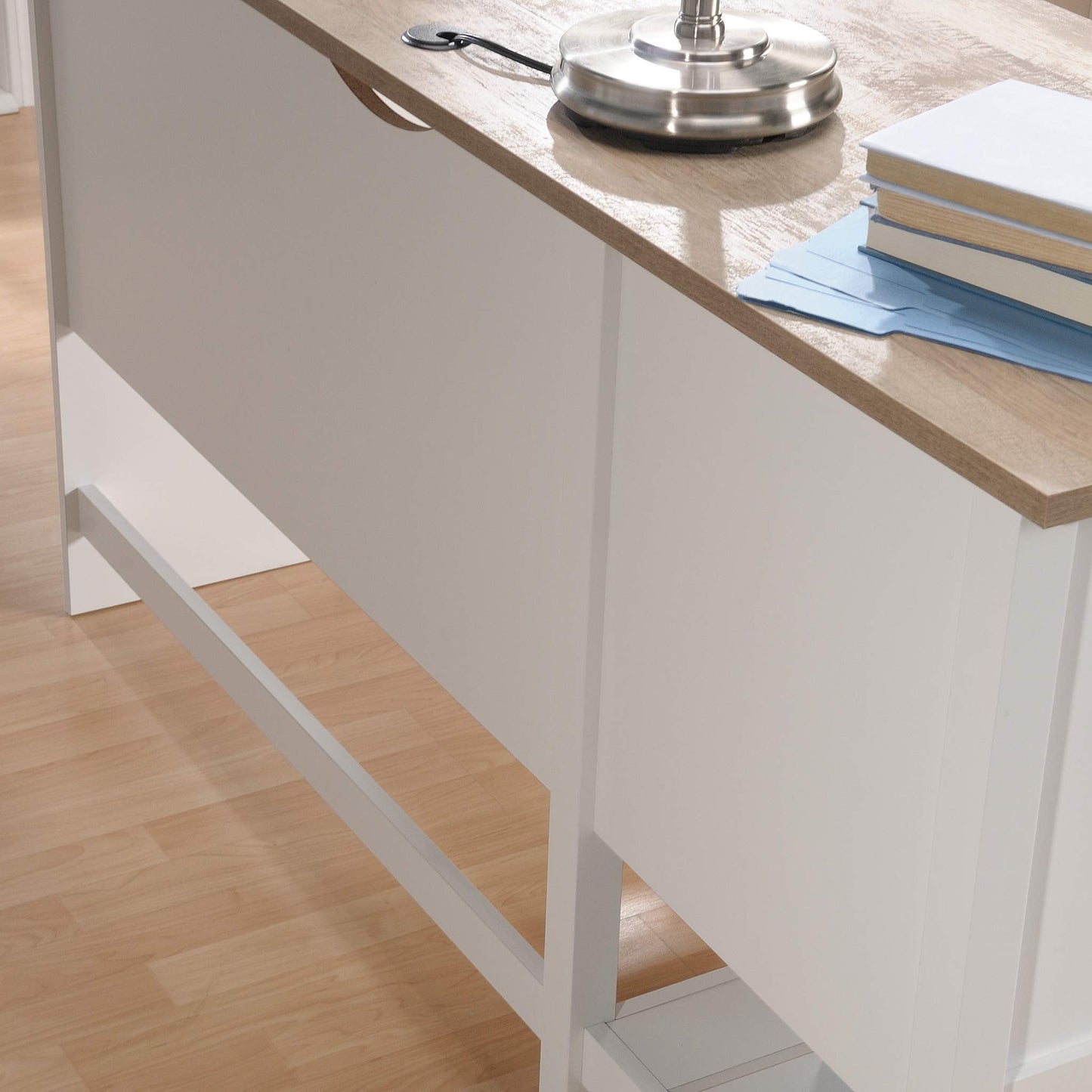 Sauder Cottage Road L Shaped Desk Computer Desk with Drawers, Home Office Desk with Optional File Cabinet Storage, Cable Management, in Soft White Finish