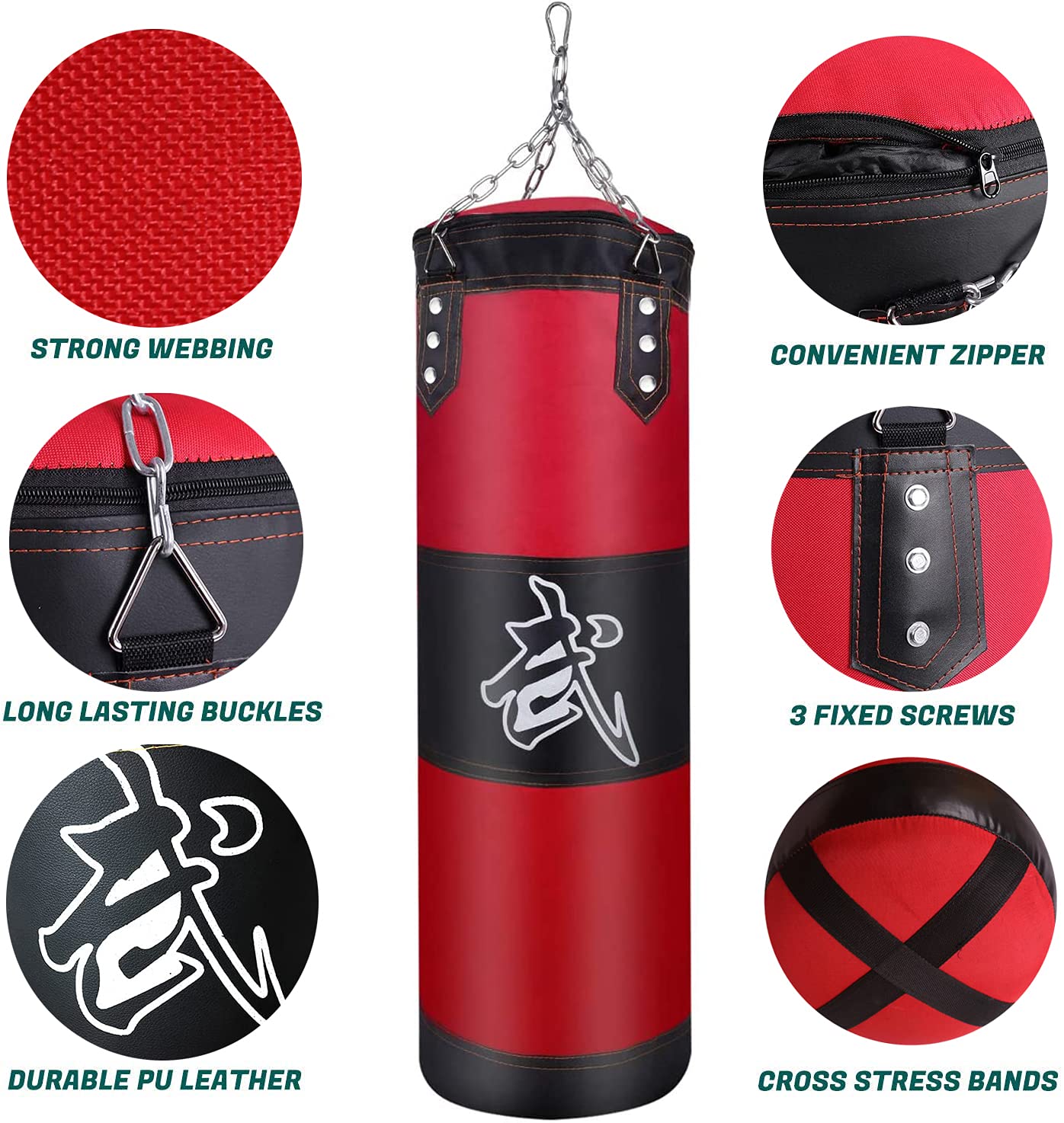 ZERUIDM Hanging Punching Bag Set Unfilled, Heavy Boxing Bag for Adults, Kickboxing Boxing Set with Hand Wraps, Punching Bag Hangers, for MMA Muay Thai Karate Taekwondo Training