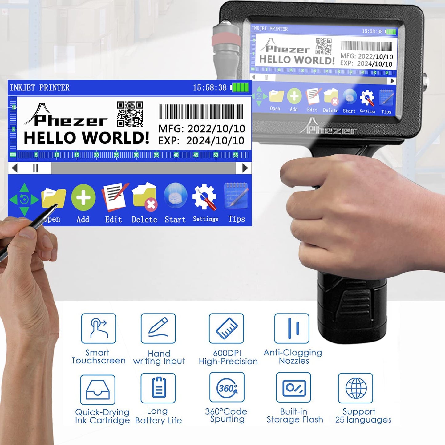 Phezer P16 Handheld Inkjet Printer, 4.3" Screen and Solvent Ink Cartridge, Portable Intelligent Coding Machine for Expiry Date/Time/Barcode/QR Code/Logo