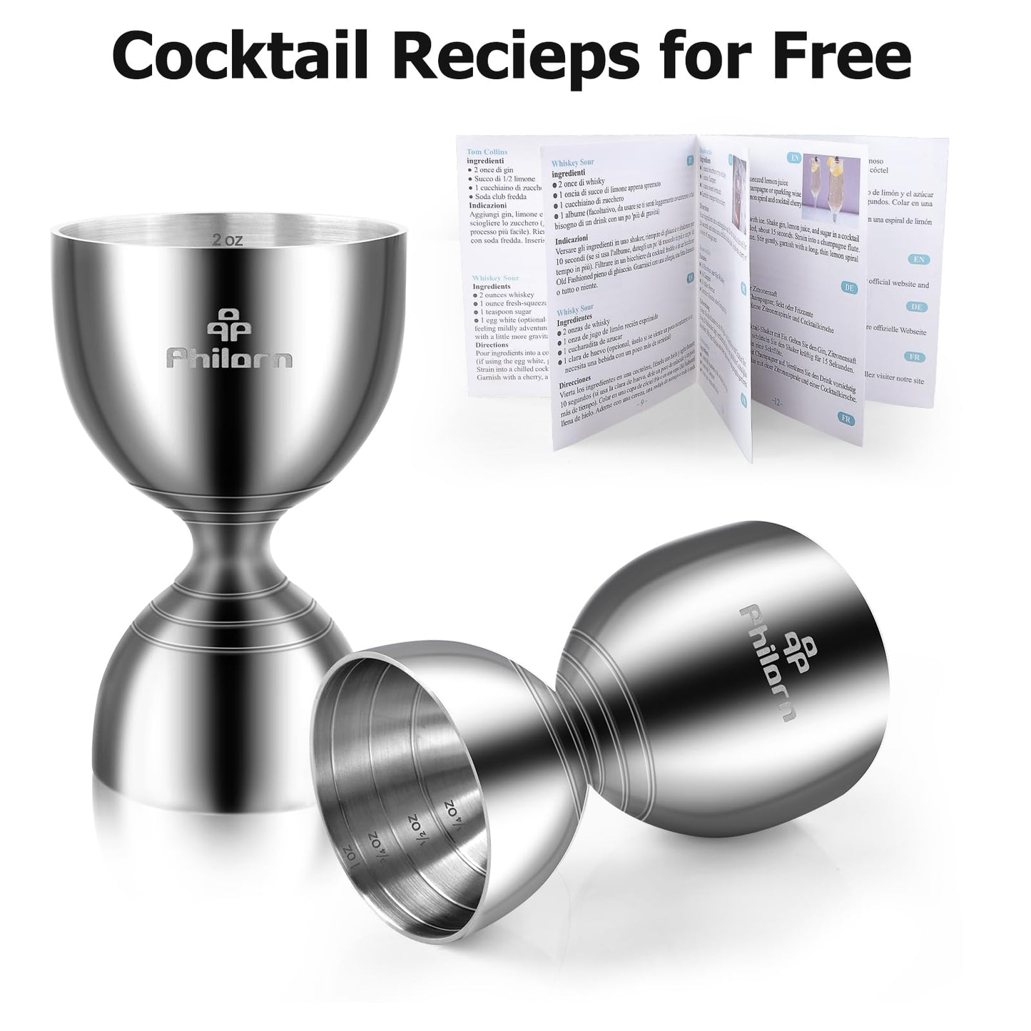 Philorn Bell Jigger for Bartending, Cocktail Jigger 2 OZ 1 OZ with Measurements Inside, Premium 304 Stainless Steel Shot Measure Double Jigger Bar Liquor Measuring Jigger